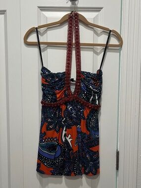 Y2K Sky Beaded Halter Top XS Red & Black Embellished Sequin Boho Festival Top